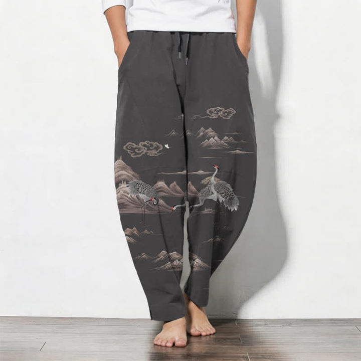 Buddha Stones Pure Cotton Crane Cloud Mountain Pattern Drawstring Men's Tapered Pants With Pockets - DimGray - US/UK/AU50，EU60 (5XL) - image 0