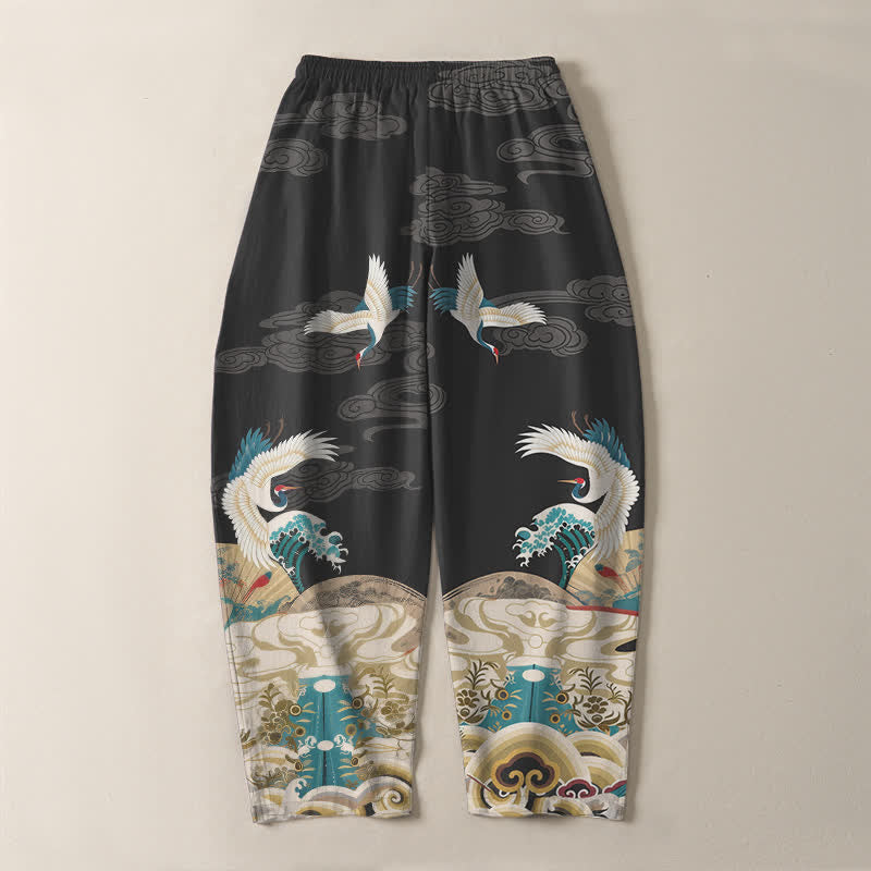 Buddha Stones Pure Cotton Crane Wave Cloud Pattern Drawstring Men's Tapered Pants With Pockets - image 10