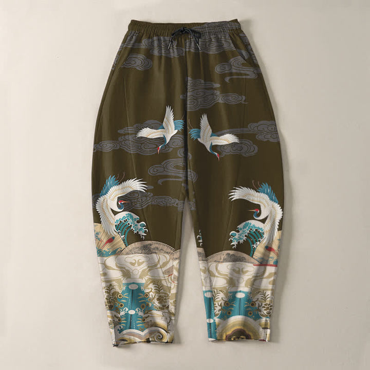 Buddha Stones Pure Cotton Crane Wave Cloud Pattern Drawstring Men's Tapered Pants With Pockets - image 13