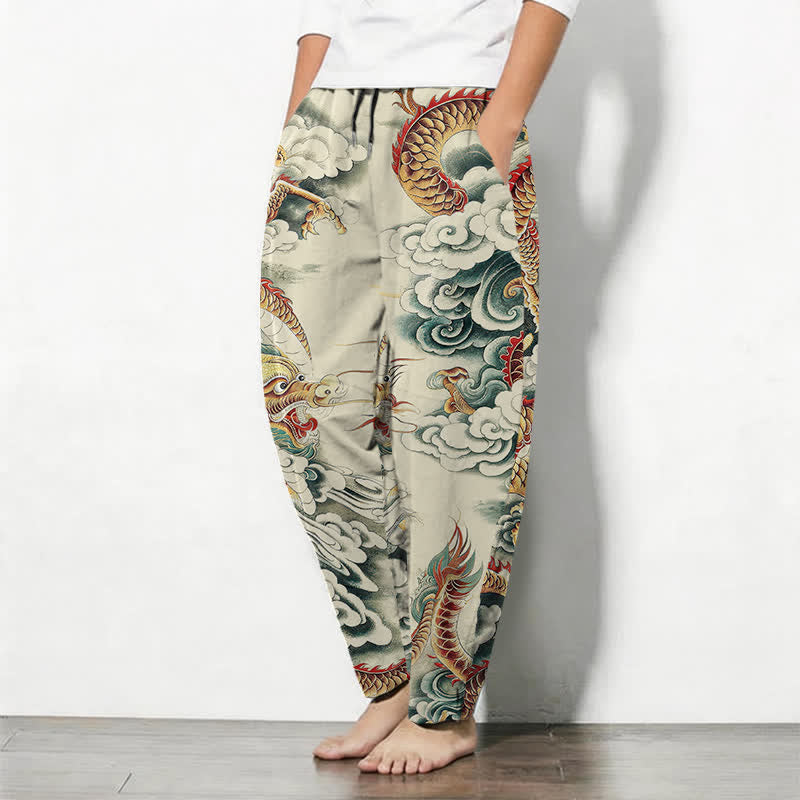 Buddha Stones Pure Cotton Cloud Dragon Pattern Drawstring Men's Tapered Pants With Pockets - image 1