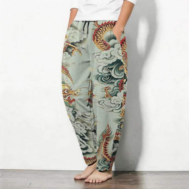 Buddha Stones Pure Cotton Cloud Dragon Pattern Drawstring Men's Tapered Pants With Pockets - image 8