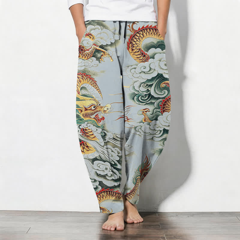 Buddha Stones Pure Cotton Cloud Dragon Pattern Drawstring Men's Tapered Pants With Pockets - PowderBlue - US/UK/AU50，EU60 (5XL) - image 11