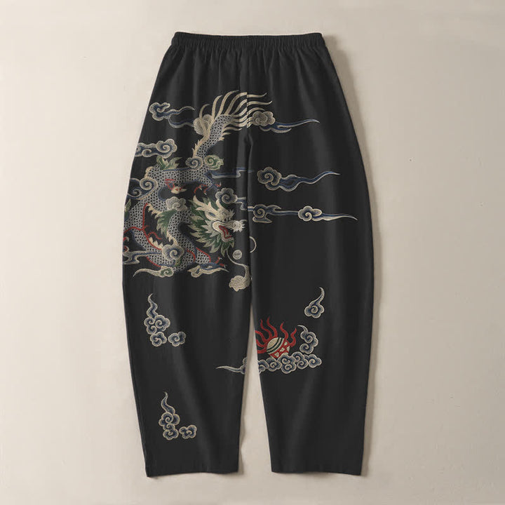 Buddha Stones Pure Cotton Dragon Cloud Fireball Pattern Drawstring Men's Tapered Pants With Pockets - image 14