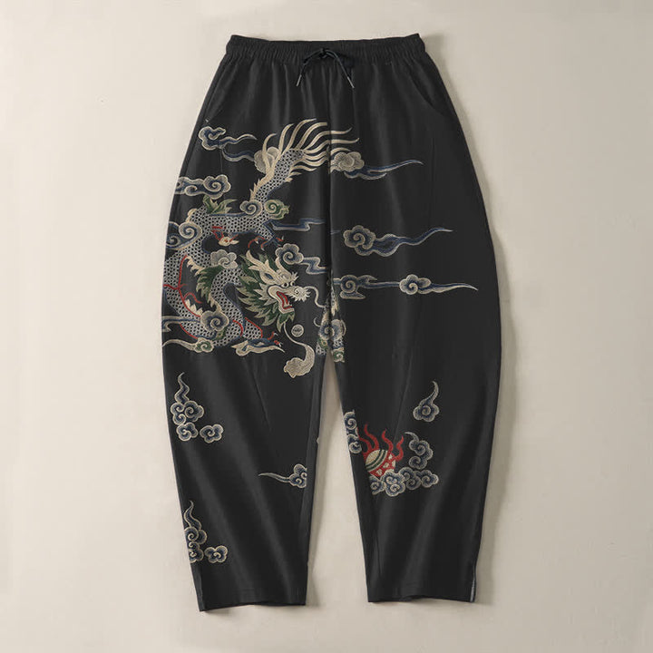 Buddha Stones Pure Cotton Dragon Cloud Fireball Pattern Drawstring Men's Tapered Pants With Pockets - image 13