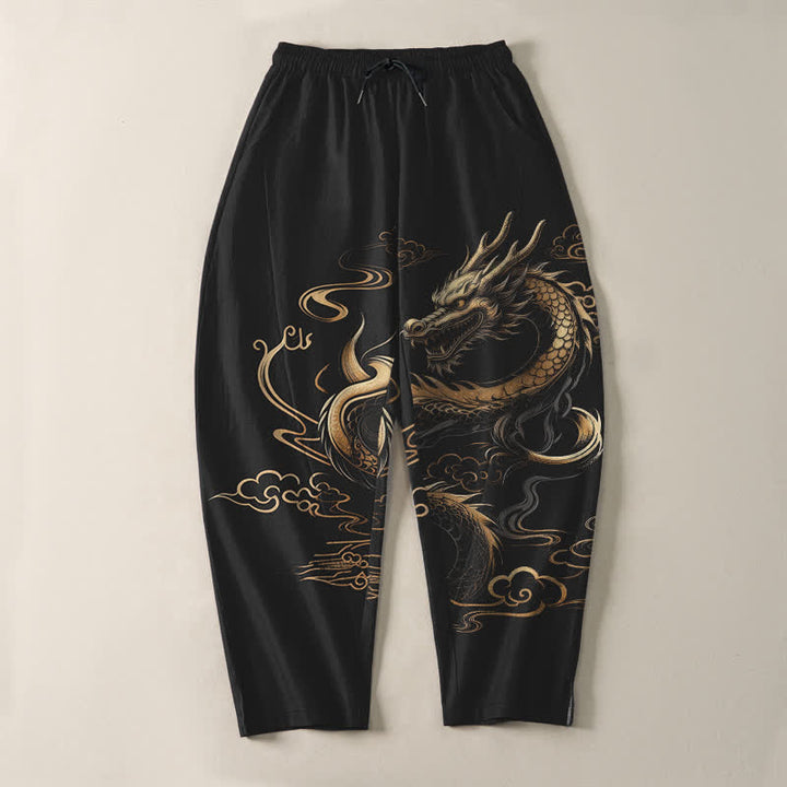 Buddha Stones Pure Cotton Golden Dragon Auspicious Cloud Pattern Drawstring Men's Tapered Pants With Pockets - image 2