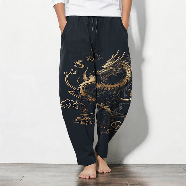 Buddha Stones Pure Cotton Golden Dragon Auspicious Cloud Pattern Drawstring Men's Tapered Pants With Pockets - MidnightBlue - US/UK/AU50，EU60 (5XL) - image 7