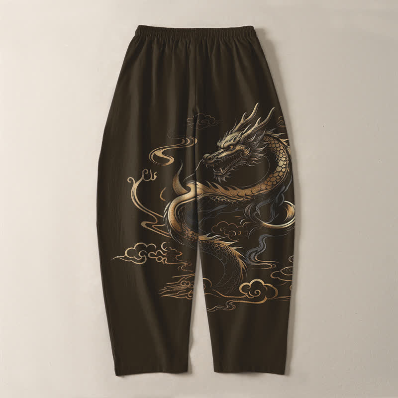 Buddha Stones Pure Cotton Golden Dragon Auspicious Cloud Pattern Drawstring Men's Tapered Pants With Pockets - image 14