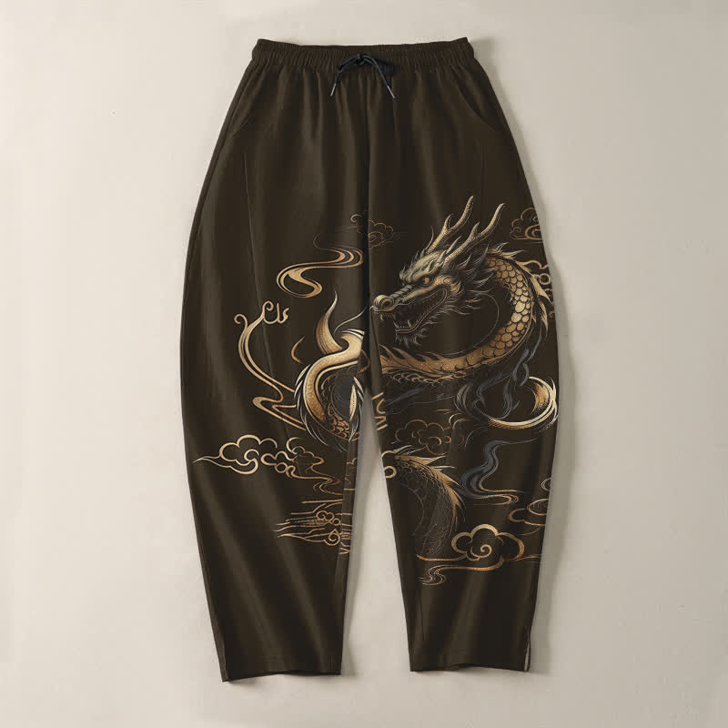 Buddha Stones Pure Cotton Golden Dragon Auspicious Cloud Pattern Drawstring Men's Tapered Pants With Pockets - image 13