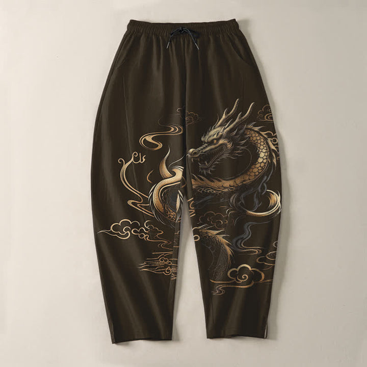 Buddha Stones Pure Cotton Golden Dragon Auspicious Cloud Pattern Drawstring Men's Tapered Pants With Pockets - image 13