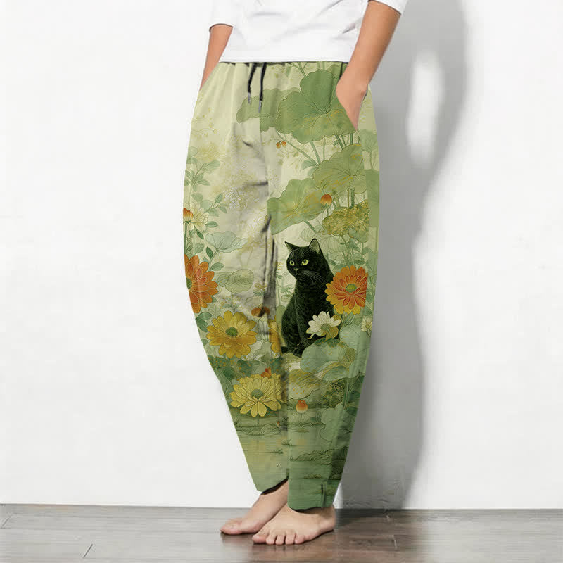 Buddha Stones Pure Cotton Oriental Black Cat Floral Pattern Drawstring Men's Tapered Pants With Pockets - image 8