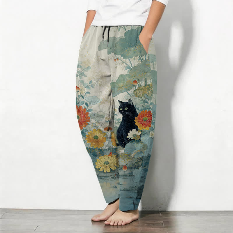 Buddha Stones Pure Cotton Oriental Black Cat Floral Pattern Drawstring Men's Tapered Pants With Pockets - image 12