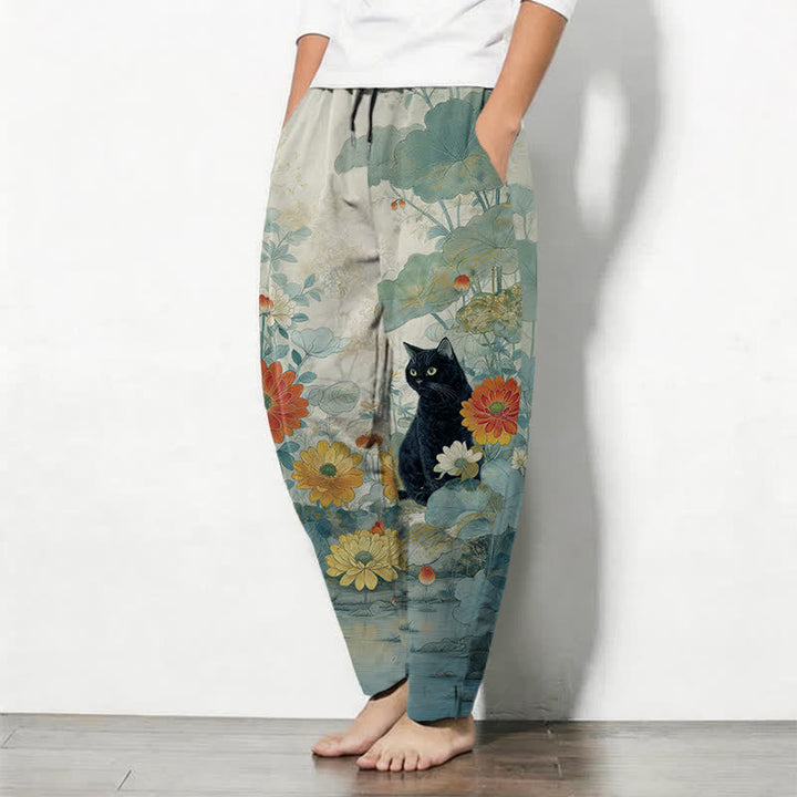 Buddha Stones Pure Cotton Oriental Black Cat Floral Pattern Drawstring Men's Tapered Pants With Pockets - image 12