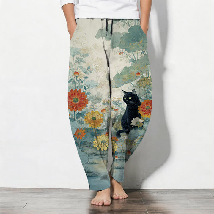 Buddha Stones Pure Cotton Oriental Black Cat Floral Pattern Drawstring Men's Tapered Pants With Pockets - PaleTurquoise - US/UK/AU50，EU60 (5XL) - image 11