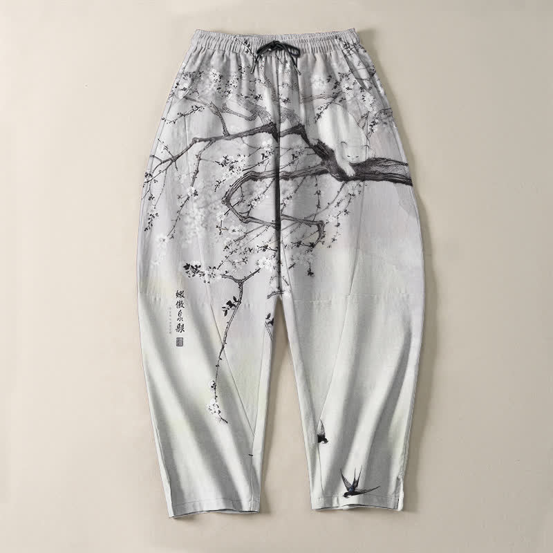 Buddha Stones Pure Cotton Ink Plum Cat Pattern Drawstring Men's Tapered Pants With Pockets - image 2