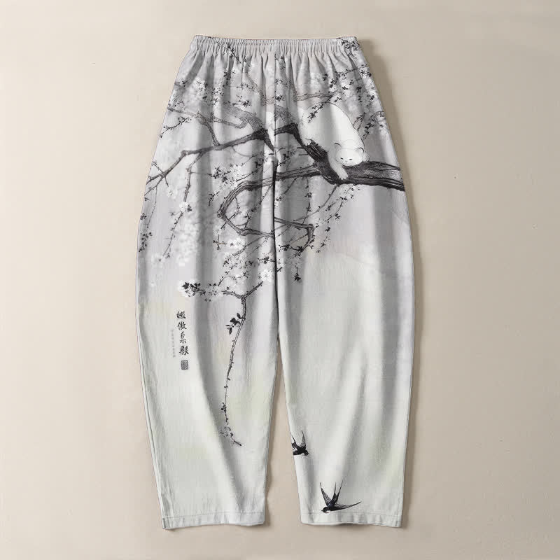 Buddha Stones Pure Cotton Ink Plum Cat Pattern Drawstring Men's Tapered Pants With Pockets - image 3