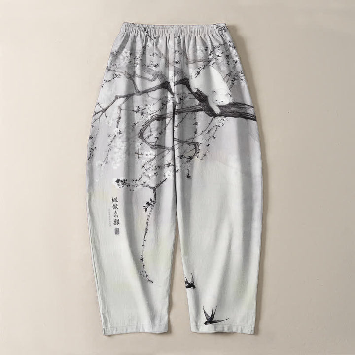 Buddha Stones Pure Cotton Ink Plum Cat Pattern Drawstring Men's Tapered Pants With Pockets - image 3
