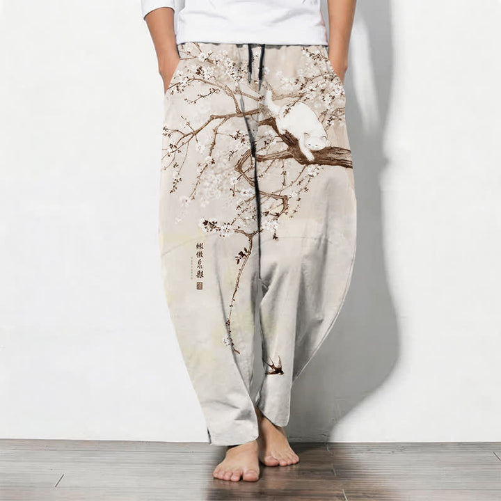 Buddha Stones Pure Cotton Ink Plum Cat Pattern Drawstring Men's Tapered Pants With Pockets - Cornsilk - US/UK/AU50，EU60 (5XL) - image 7