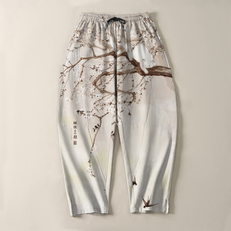 Buddha Stones Pure Cotton Ink Plum Cat Pattern Drawstring Men's Tapered Pants With Pockets - image 9