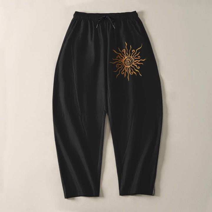 Buddha Stones Pure Cotton Golden Sun Spiral Pattern Drawstring Men's Tapered Pants With Pockets - image 2