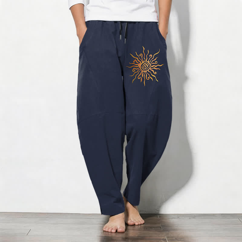 Buddha Stones Pure Cotton Golden Sun Spiral Pattern Drawstring Men's Tapered Pants With Pockets - Navy - US/UK/AU50，EU60 (5XL) - image 7