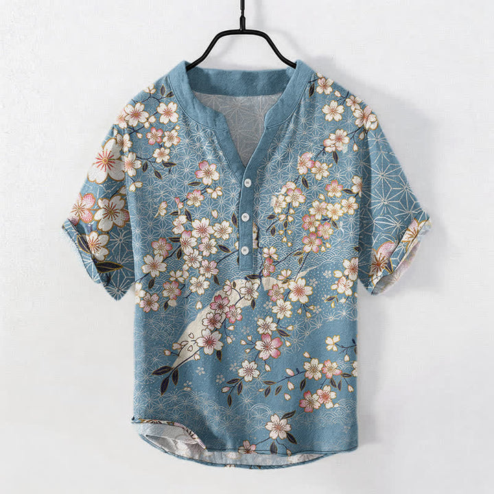 Buddha Stones Cotton Cherry Blossom Geometric Pattern Men's Short Sleeve Half Button Shirt - LightSkyBlue - US/UK/AU50，EU60 (5XL) - image 0