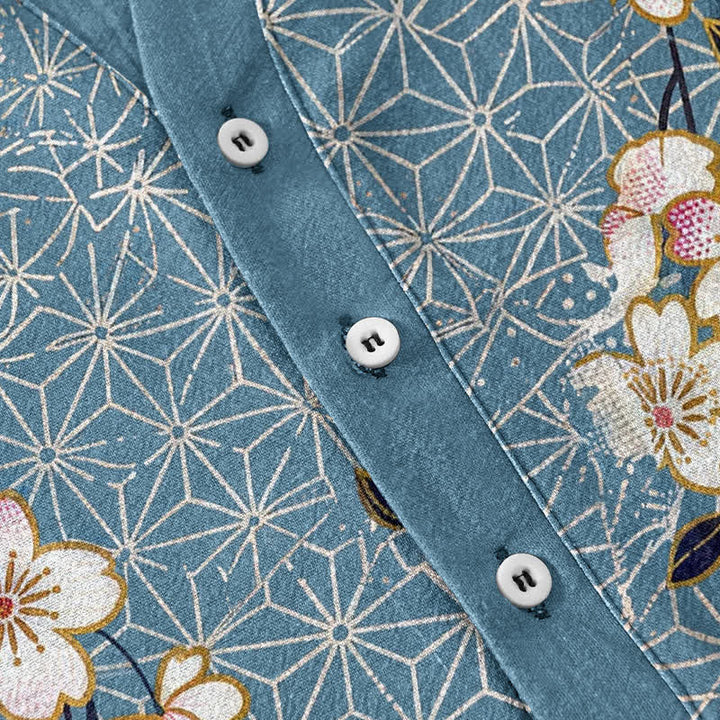 Buddha Stones Cotton Cherry Blossom Geometric Pattern Men's Short Sleeve Half Button Shirt - image 3