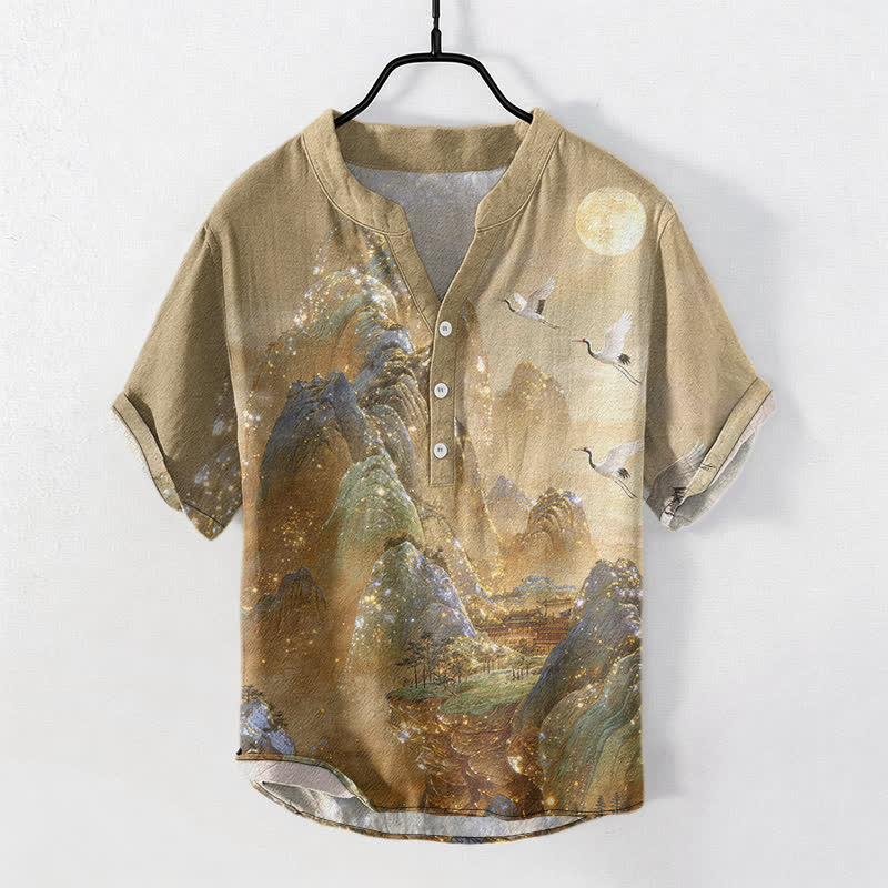 Buddha Stones Cotton Mountain Crane Moon Pattern Men's Short Sleeve Half Button Shirt - DarkKhaki - US/UK/AU50，EU60 (5XL) - image 0