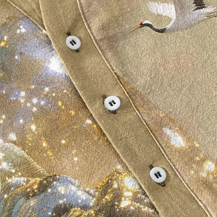 Buddha Stones Cotton Mountain Crane Moon Pattern Men's Short Sleeve Half Button Shirt - image 3