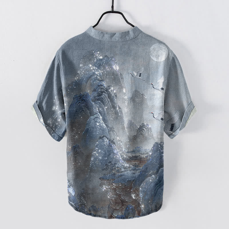Buddha Stones Cotton Mountain Crane Moon Pattern Men's Short Sleeve Half Button Shirt - image 6