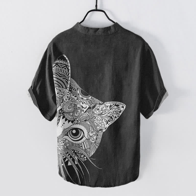 Buddha Stones Cotton Tribal Cat Face Pattern Men's Short Sleeve Half Button Shirt - image 1