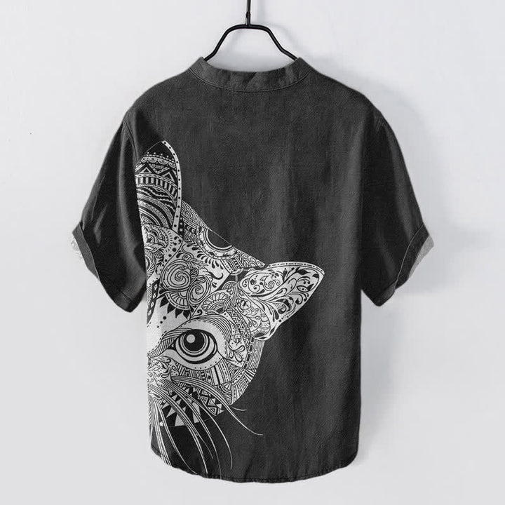 Buddha Stones Cotton Tribal Cat Face Pattern Men's Short Sleeve Half Button Shirt - image 1