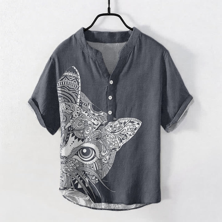 Buddha Stones Cotton Tribal Cat Face Pattern Men's Short Sleeve Half Button Shirt - SlateGray - US/UK/AU50，EU60 (5XL) - image 7