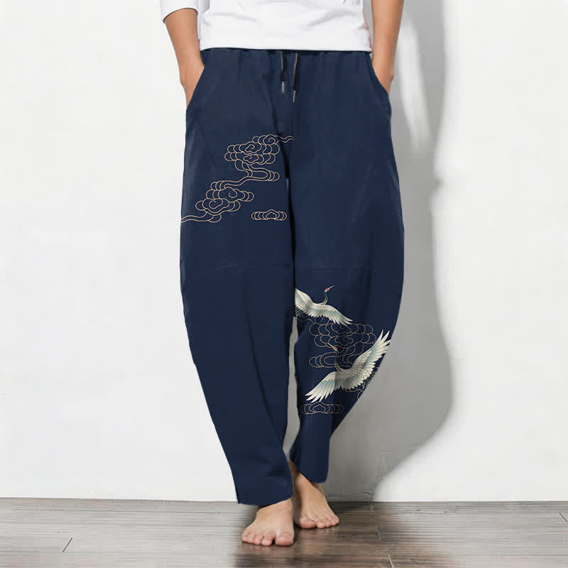 Buddha Stones Pure Cotton Flying Crane Cloud Pattern Drawstring Men's Tapered Pants With Pockets - Navy - US/UK/AU50，EU60 (5XL) - image 0