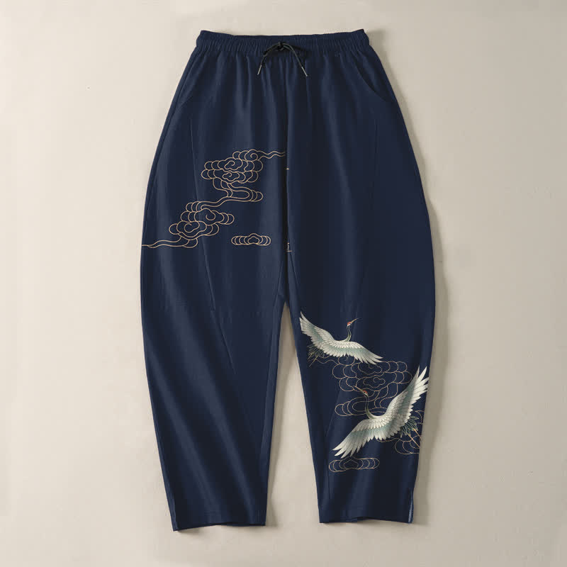 Buddha Stones Pure Cotton Flying Crane Cloud Pattern Drawstring Men's Tapered Pants With Pockets - image 2