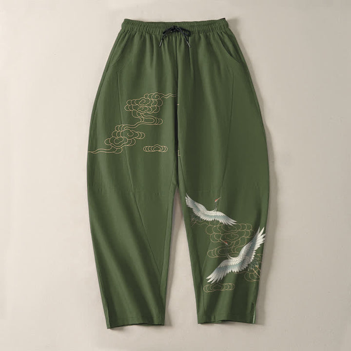Buddha Stones Pure Cotton Flying Crane Cloud Pattern Drawstring Men's Tapered Pants With Pockets - image 9