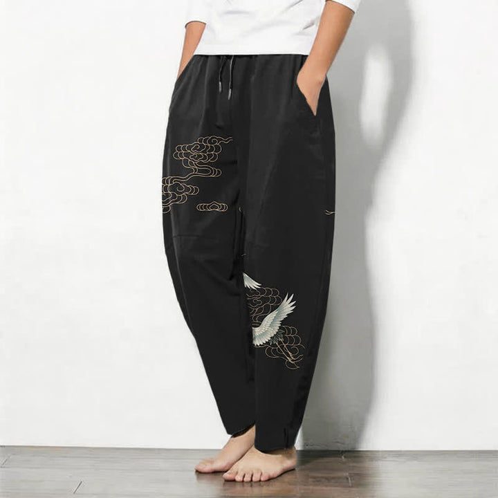 Buddha Stones Pure Cotton Flying Crane Cloud Pattern Drawstring Men's Tapered Pants With Pockets - image 12