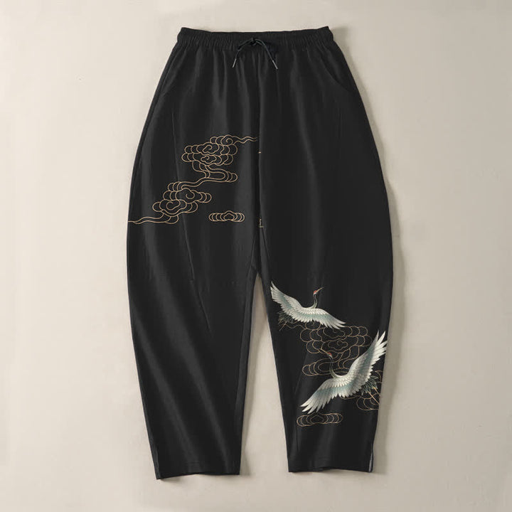 Buddha Stones Pure Cotton Flying Crane Cloud Pattern Drawstring Men's Tapered Pants With Pockets - image 13