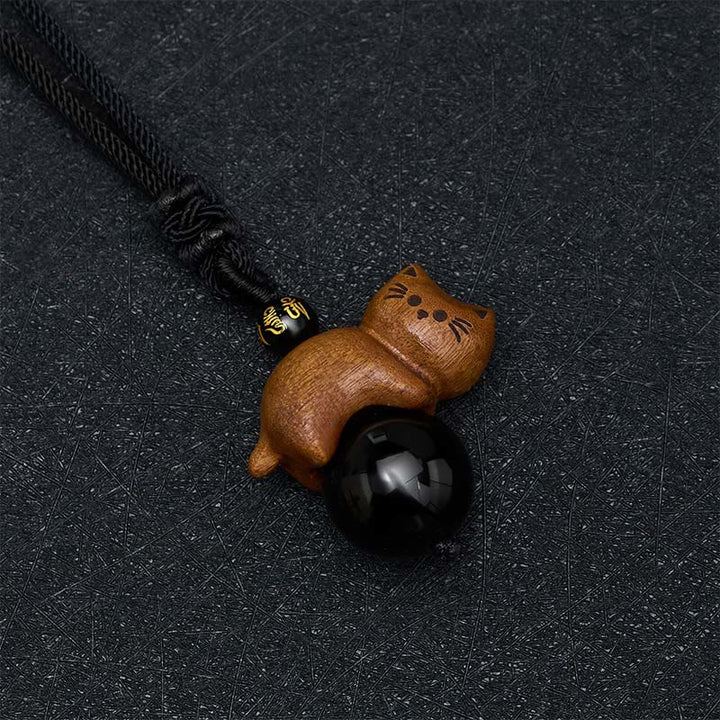 Buddha Stones Sandalwood Cat Black Obsidian Bead Om Mani Padme Hum Bead Protection Rope Necklace - image 3