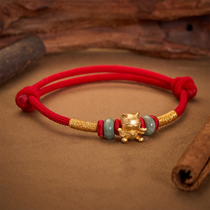 Buddha Stones Hand-Woven Red String Lucky Cat Beads Connection Bracelet - image 1