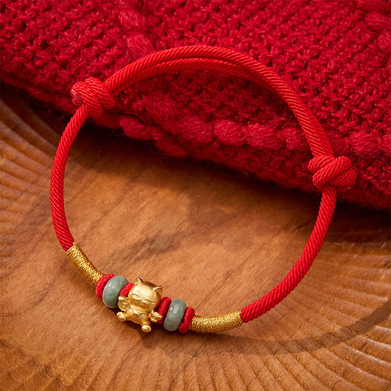 Buddha Stones Hand-Woven Red String Jade Lucky Cat Beads Connection Bracelet - Jade & Red String(Wrist Circumference: 6.3-7.1 in (16-18 cm)) - image 0