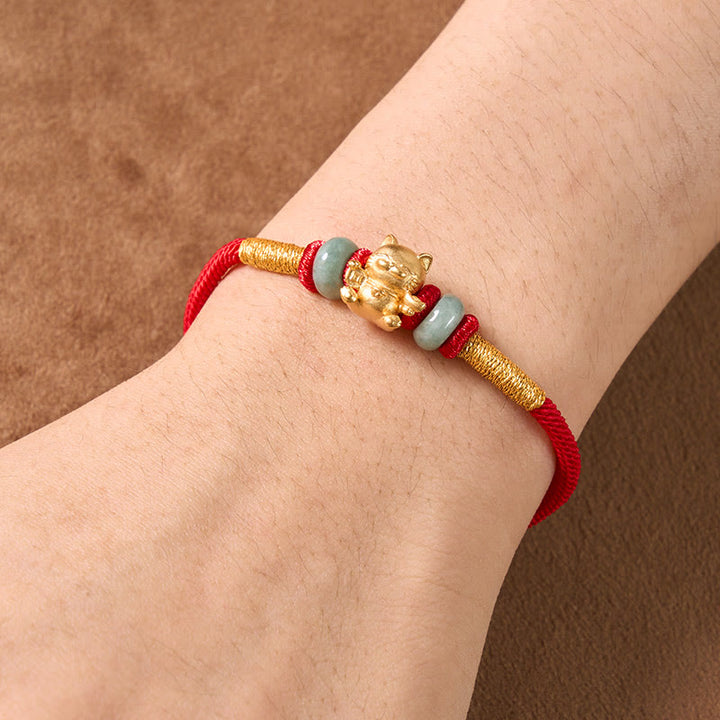 Buddha Stones Hand-Woven Red String Jade Lucky Cat Beads Connection Bracelet - image 9