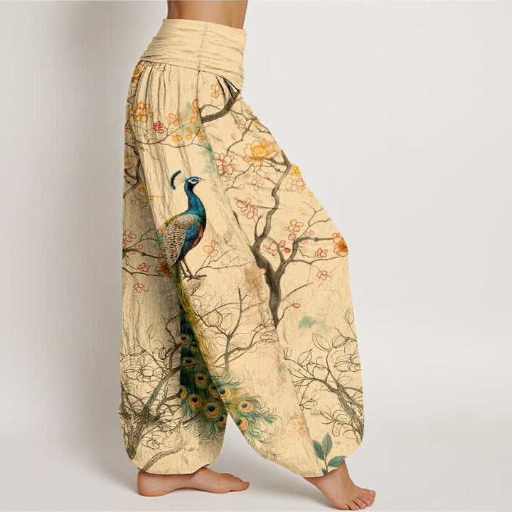 Buddha Stones Cotton Peacock Floral Branch Pattern Women's Elastic Waist Harem Pants - image 1