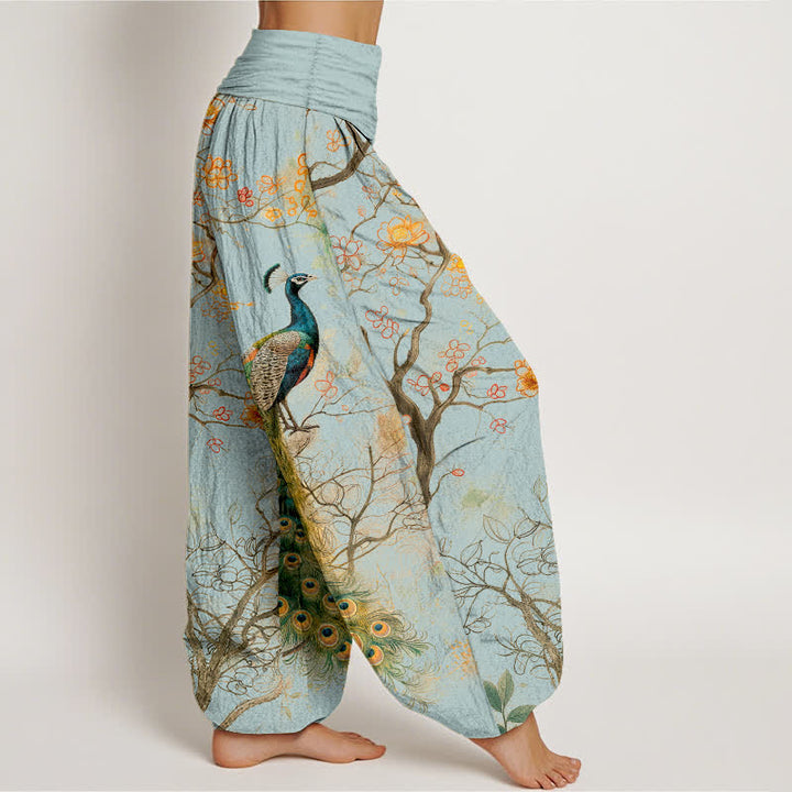 Buddha Stones Cotton Peacock Floral Branch Pattern Women's Elastic Waist Harem Pants - image 9