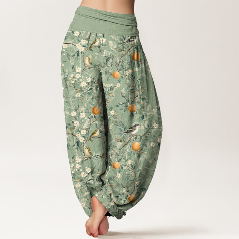 Buddha Stones Cotton Bird Orange Blossom Pattern Women's Elastic Waist Harem Pants - image 9