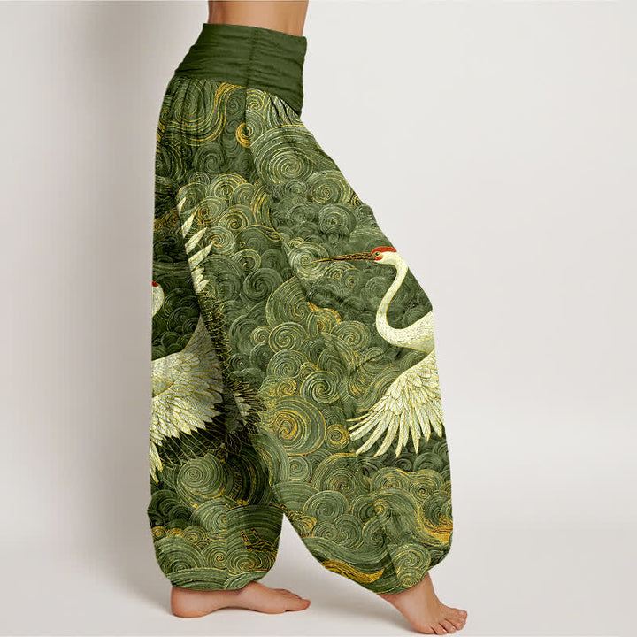 Buddha Stones Cotton White Crane Wave Pattern Women's Elastic Waist Harem Pants - image 7