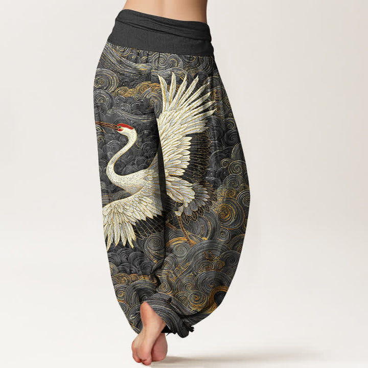 Buddha Stones Cotton White Crane Wave Pattern Women's Elastic Waist Harem Pants - image 9