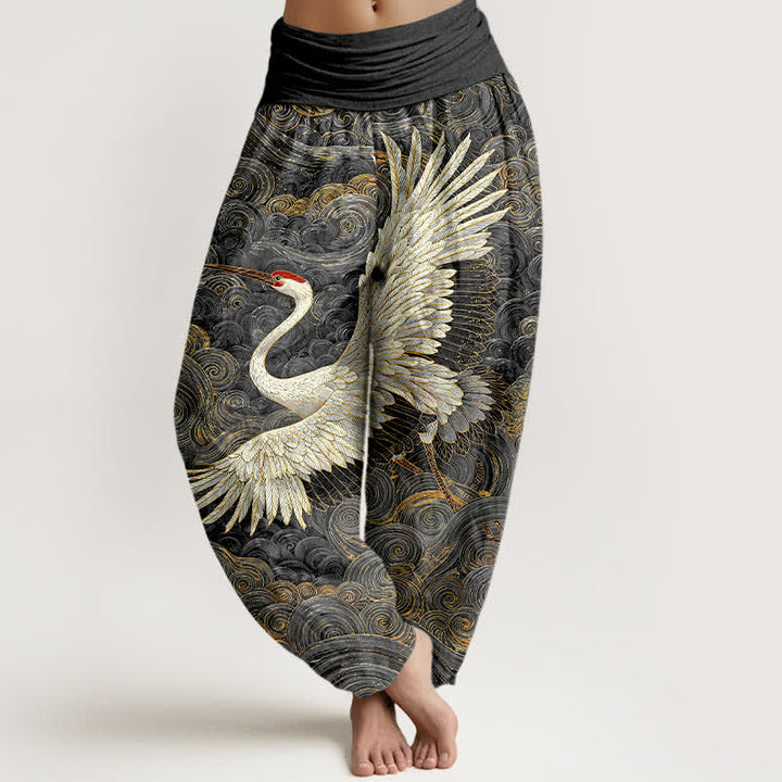 Buddha Stones Cotton White Crane Wave Pattern Women's Elastic Waist Harem Pants - DimGray - US16，UK/AU20，EU48 (3XL) - image 8