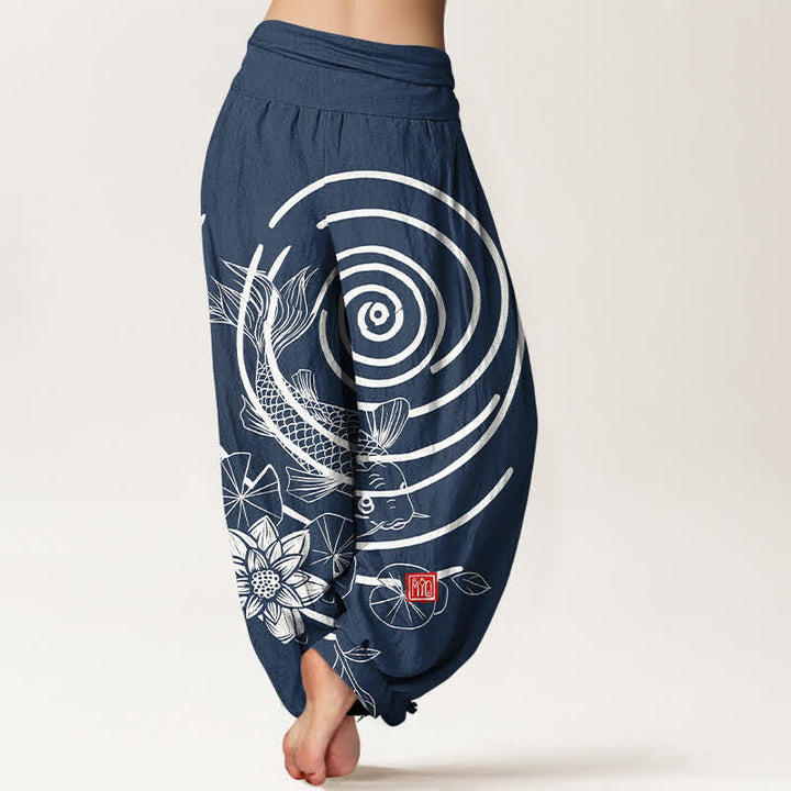 Buddha Stones Cotton Koi Fish Lotus Pattern Women's Elastic Waist Harem Pants - image 1
