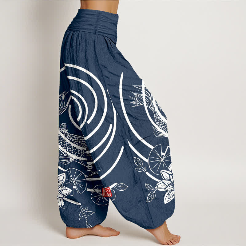 Buddha Stones Cotton Koi Fish Lotus Pattern Women's Elastic Waist Harem Pants - image 2