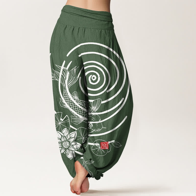 Buddha Stones Cotton Koi Fish Lotus Pattern Women's Elastic Waist Harem Pants - image 6